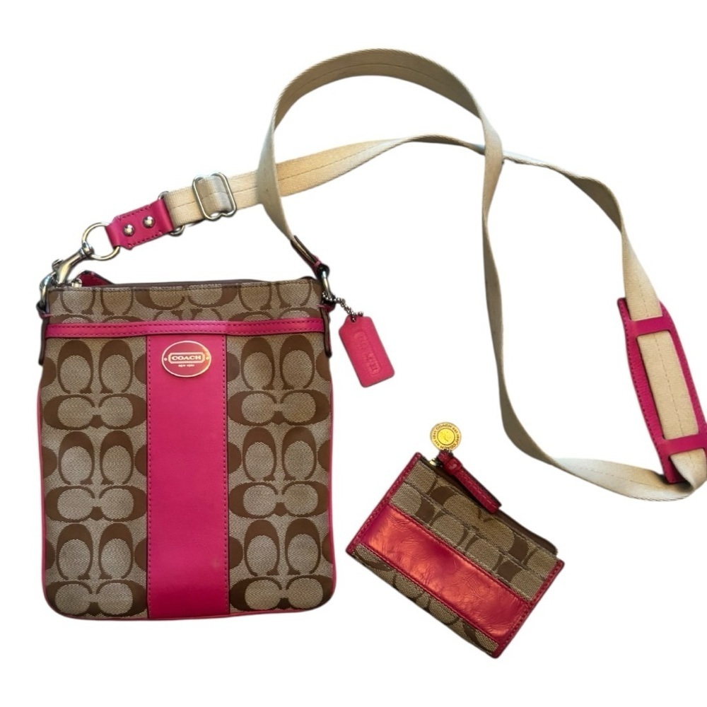 Coach Signature Brown and Pink Crossbody Bag and Wallet Set